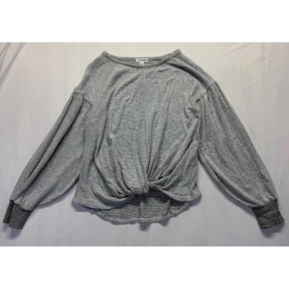 Eyeshadow Blouse Top Womens Medium‎ White Gray Striped Twist Hem Balloon Sleeve